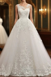 Classic Round neck Lace appliques White Princess Wedding Dresses